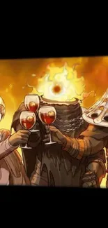 Fantasy characters toasting with fiery background.