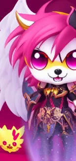 Vibrant fantasy chibi character with pink hair, wings, and armor.