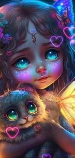 Fantasy child with cat and butterfly in colorful, whimsical artwork.