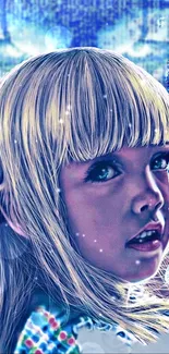 Fantasy child's face with blue aura in artistic wallpaper.