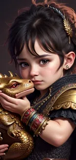 Fantasy child holding a golden dragon with dark brown hair and armor.