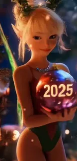 Fantasy elf holding a festive 2025 ornament with holiday setting.