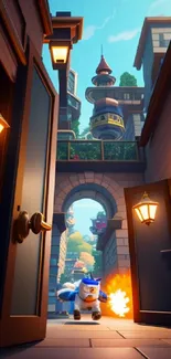 Hero running in colorful fantasy city alley with open doors and lanterns.