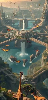 Fantasy cityscape with wildlife and futuristic architecture.