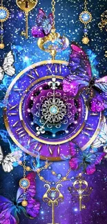 Fantasy clock with butterflies and keys on a cosmic background wallpaper.