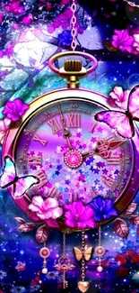 Fantasy clock with butterflies and floral design in vibrant colors.