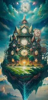 Floating fantasy castle with clocks against a magical sky.