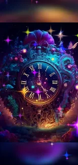 Vibrant fantasy clock in mystical forest with colorful enchantment.