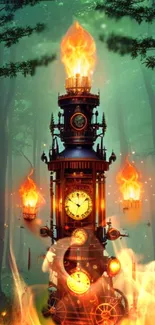 Fantasy clock tower in fiery forest scenery.