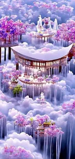 Fantasy cloud cityscape with pink trees.