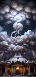 Mystical cloud formation over ancient structure, fantasy art wallpaper.