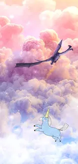 Fantasy wallpaper with dragon and unicorn in colorful clouds.