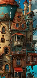 Whimsical fantasy tower by the sea on a sunny day.