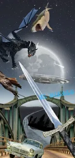 Fantasy collage of dragon, sword, bridge, and night sky.