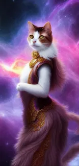 Mystical cat in cosmic attire with vibrant nebula backdrop.