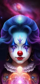 Cosmic clown in vibrant fantasy art wallpaper.