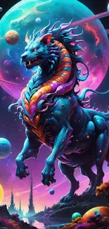 Fantasy creature in cosmic landscape with planets and vibrant colors.