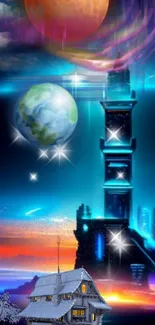 Futuristic tower under cosmic sky with vibrant planets and stars.