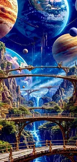 Fantasy cosmic landscape with planets and bridges.