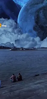 Surreal river with giant planet and blue sky backdrop.