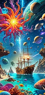 Vivid cosmic seascape with ship and galaxies.