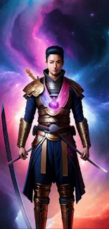 Cosmic warrior stands in vibrant, colorful cosmic realm, exuding power and mystery.