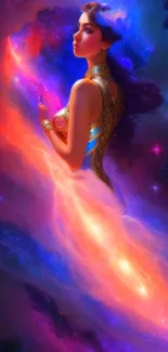 Fantasy artwork of a cosmic woman amidst vibrant nebula colors.