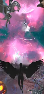 Fantasy cosmos wallpaper with vibrant pink nebula and mystical creatures.