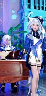 Two fantasy characters in blue cosplay with mystical setting.