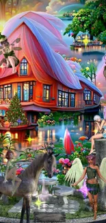 Whimsical cottage surrounded by fairies and vibrant flowers in a fantasy setting.