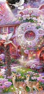 Whimsical fantasy cottage with vibrant flowers and enchanting wildlife.