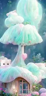 Whimsical wallpaper of a cotton candy tree with pastel colors and a hidden bear.