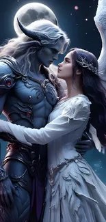 Fantasy couple embracing under moonlight with angelic wings and celestial armor.