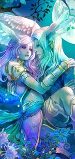 Fantasy elven couple embrace under a bright full moon.