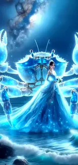 Fantasy art of a woman with a glowing crab under a starry sky, ocean background.