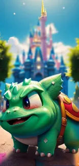 Green creature with a castle background wallpaper for mobile phones.