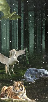 Fantasy creatures in a mystical forest setting on mobile wallpaper.