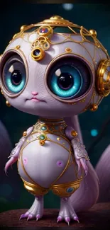 Fantastical creature with big eyes and gold accents in a mystical setting.