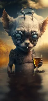 Fantasy creature with goggles in a serene lake setting, holding a drink.