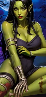 Green-skinned fantasy creature in moonlit scene.
