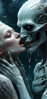 Romantic fantasy wallpaper with creature and human.