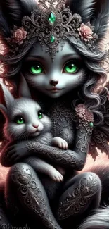 Fantasy creature with bunny in grayscale art