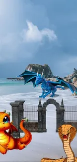 Fantasy beach wallpaper with dragon and serpent.