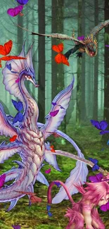 Fantasy dragon and creatures in a colorful forest with butterflies.