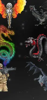 Colorful fantasy creatures on a black background with dragons and phoenix.