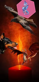 Fantasy wallpaper with dragon, hawk, and dog around a candle flame.