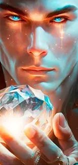 Man with glowing blue eyes holding a radiant crystal in hand.