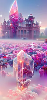 Fantasy crystal palace with pink clouds.