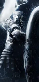 Dark knight in armor amidst a storm.