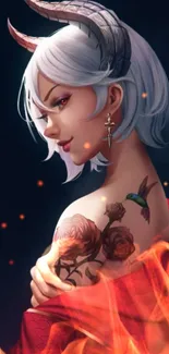 Fantasy demon girl with white hair and flames in a digital art wallpaper.